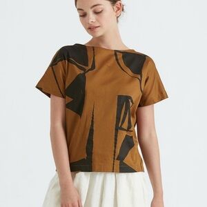 Black Crane Boat Neck Black and Teak Print 100% Cotton Top S